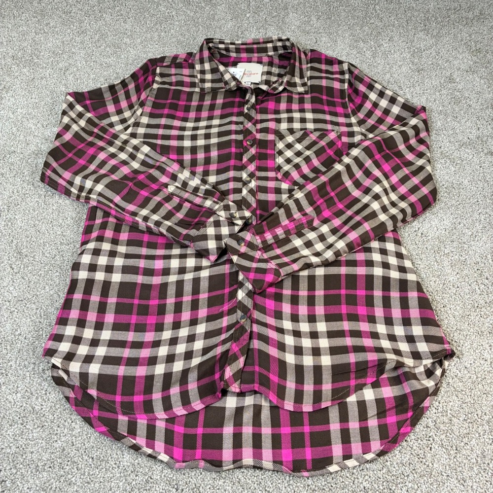 NWT Casa Cabana Flannel Shirt Womens L Plaid Brown Pink Long Sleeve Casual Top